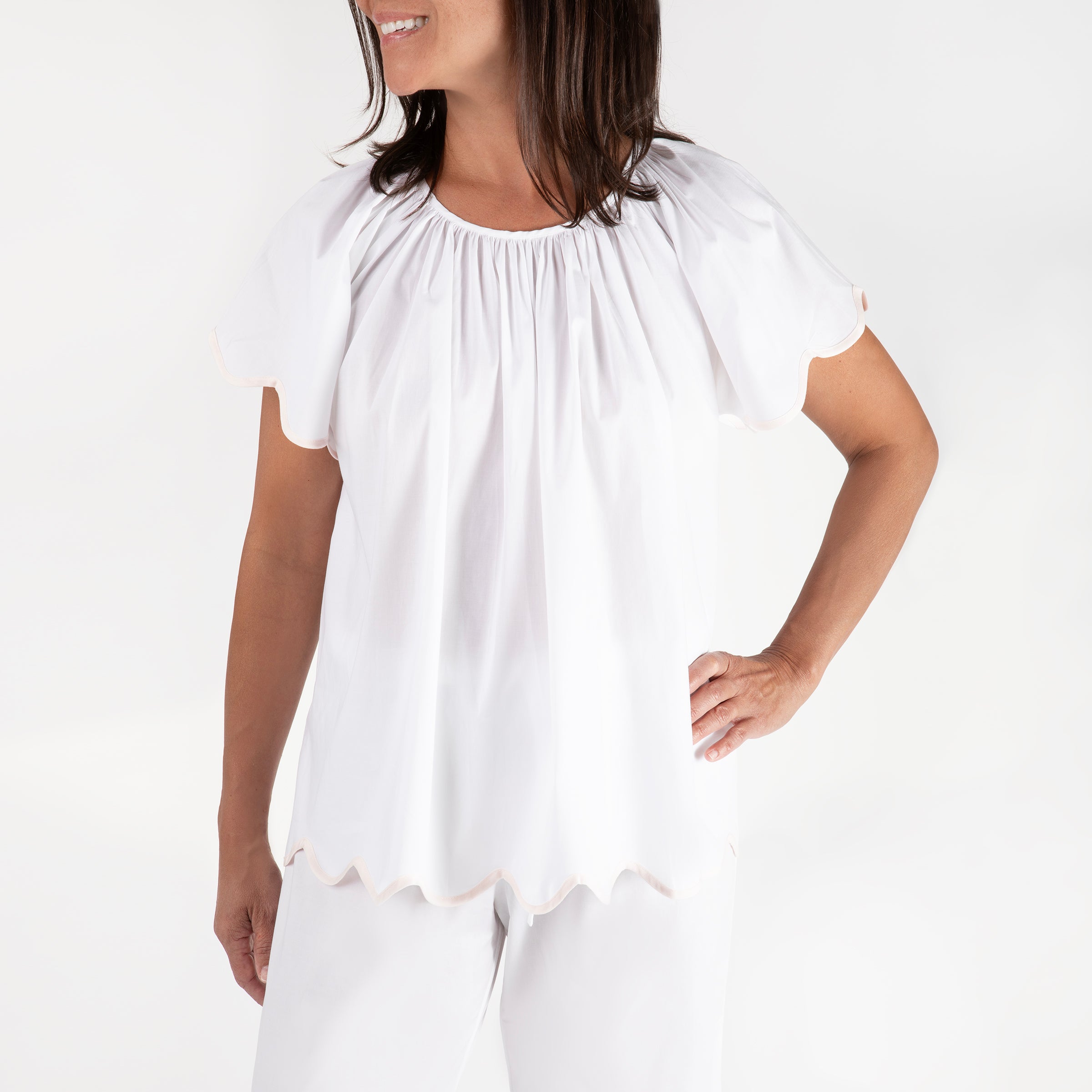 SCALLOPED TAPE TRIM COTTON SHORT SLEEVE PAJAMAS