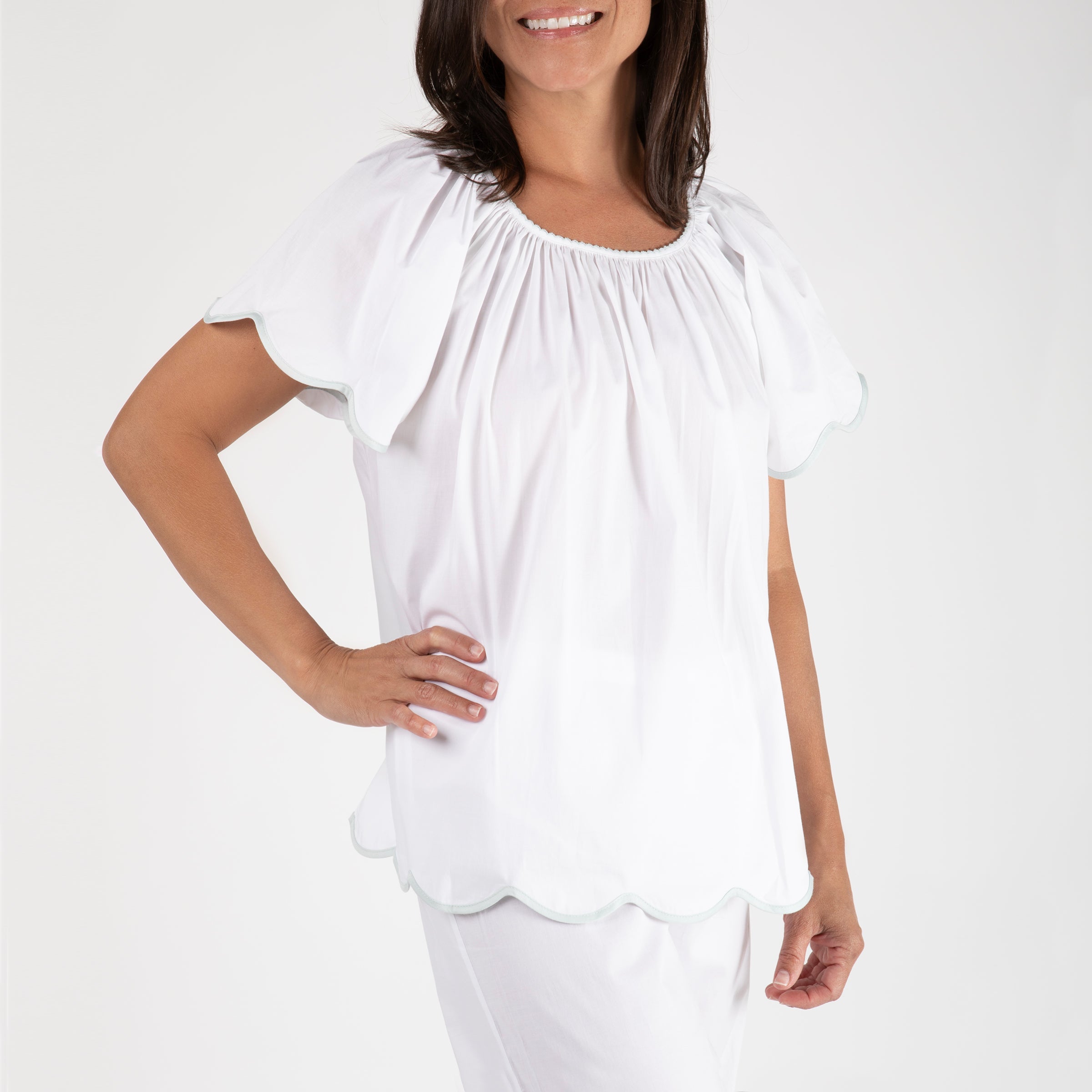 SCALLOPED TAPE TRIM COTTON SHORT SLEEVE PAJAMAS