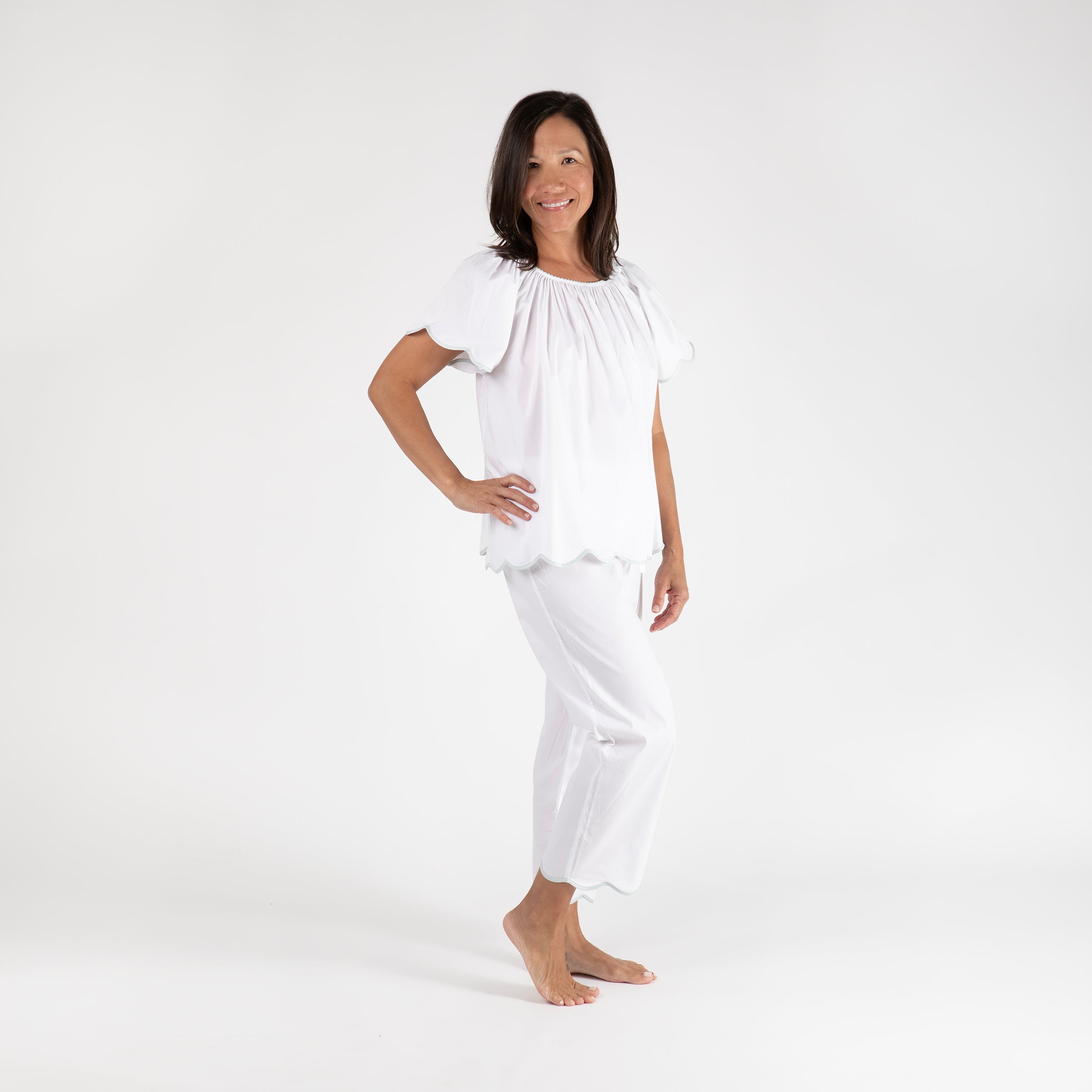 SCALLOPED TAPE TRIM COTTON SHORT SLEEVE PAJAMAS