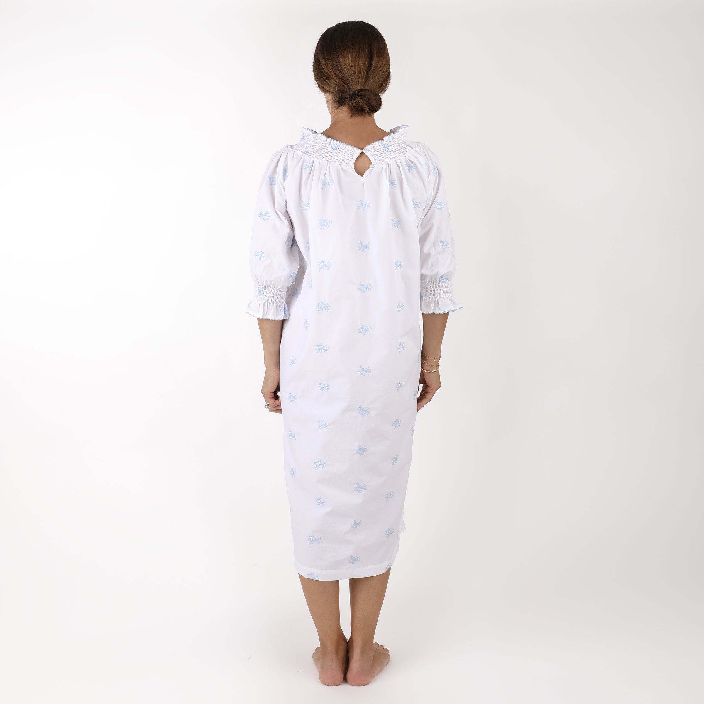 RUCHED COTTON EMBROIDERED LONG SLEEVE NIGHTGOWN