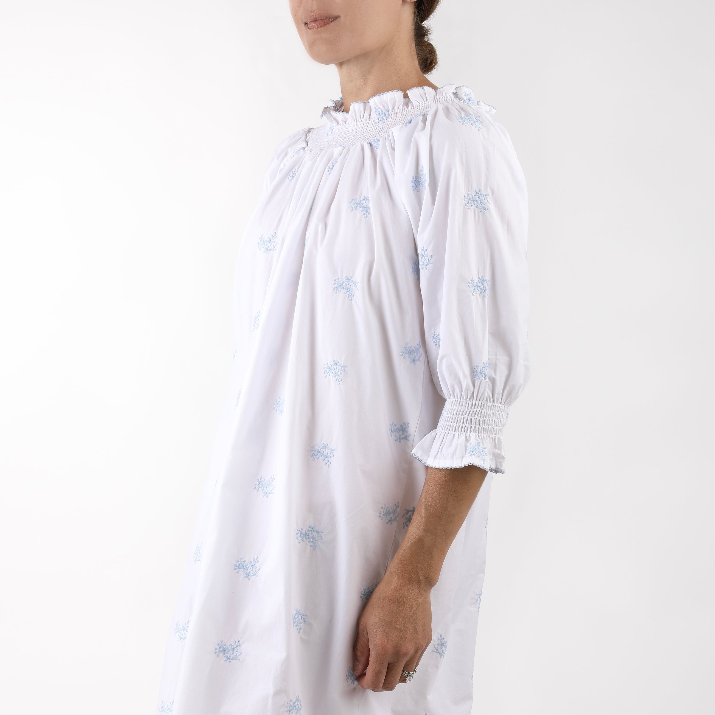 RUCHED COTTON EMBROIDERED LONG SLEEVE NIGHTGOWN