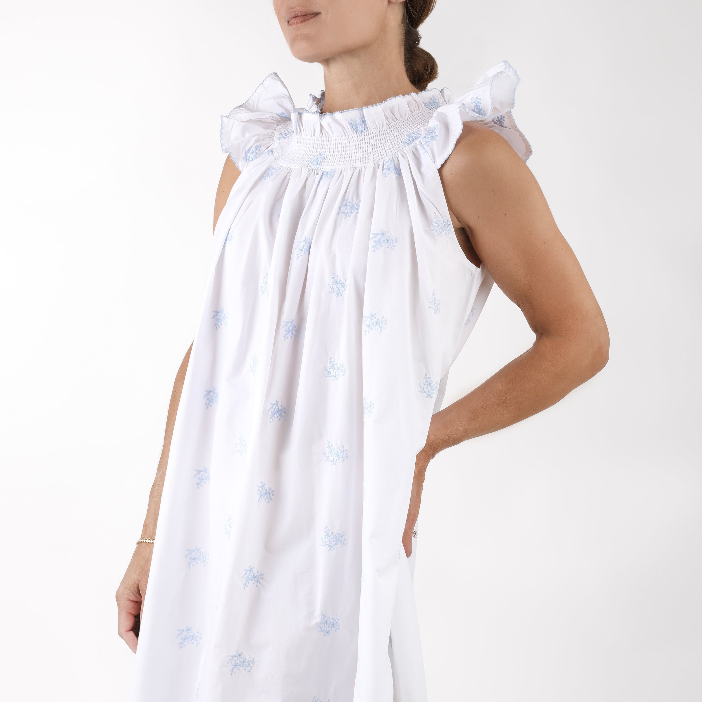 RUCHED COTTON EMBROIDERED NIGHTGOWN