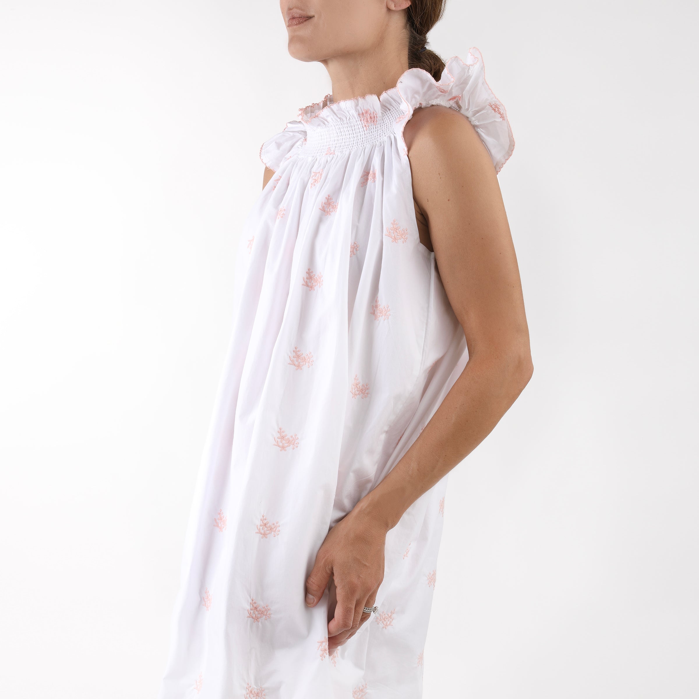 RUCHED COTTON EMBROIDERED NIGHTGOWN