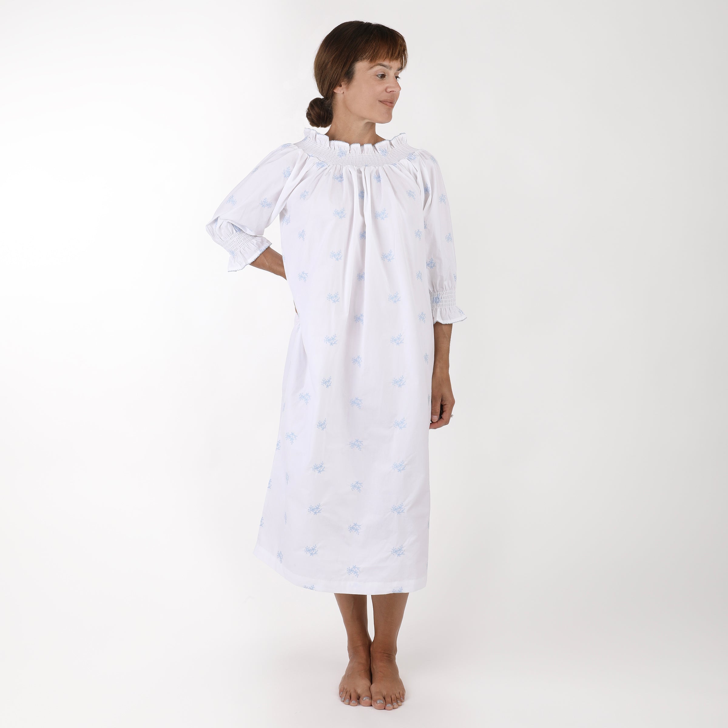 RUCHED COTTON EMBROIDERED LONG SLEEVE NIGHTGOWN