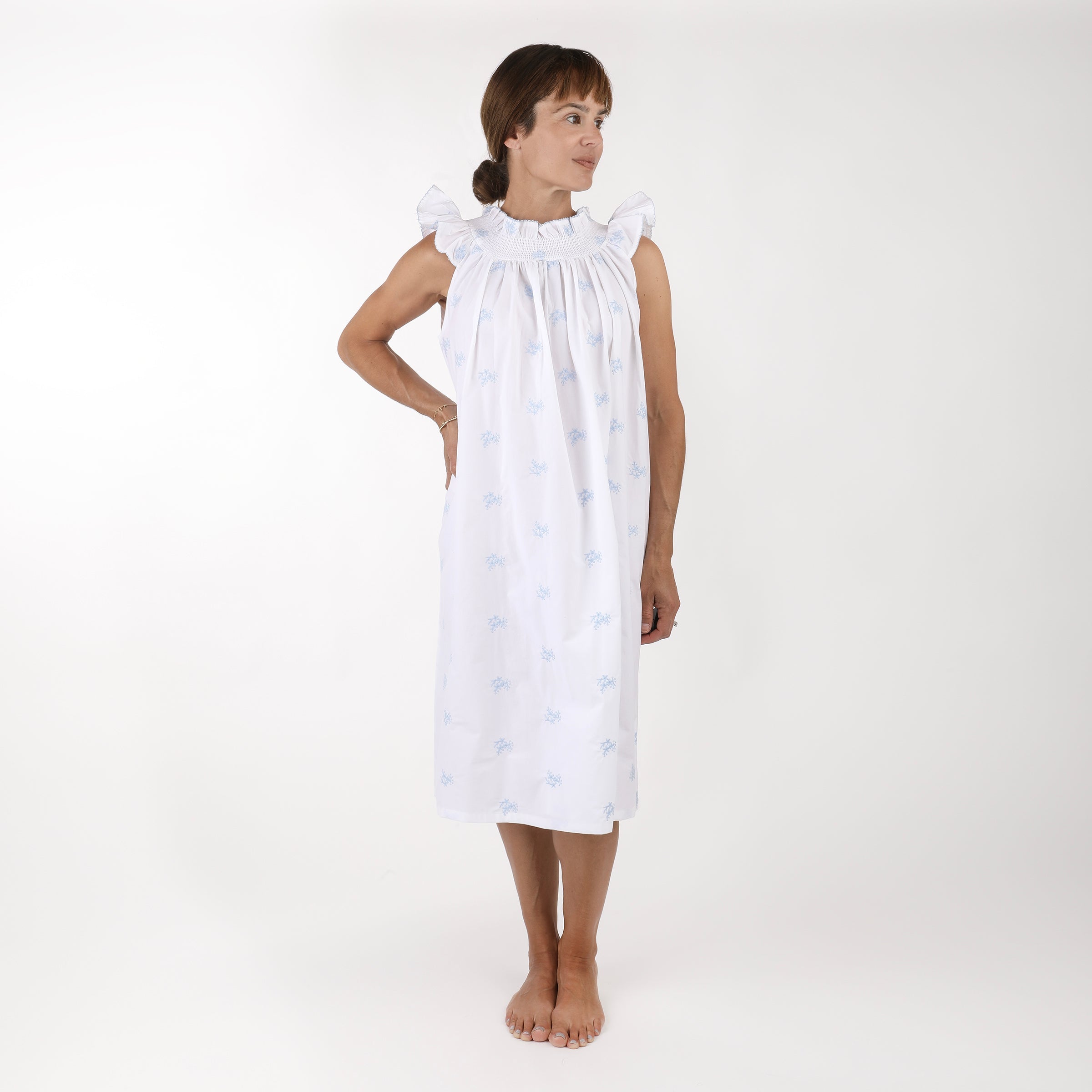 RUCHED COTTON EMBROIDERED NIGHTGOWN