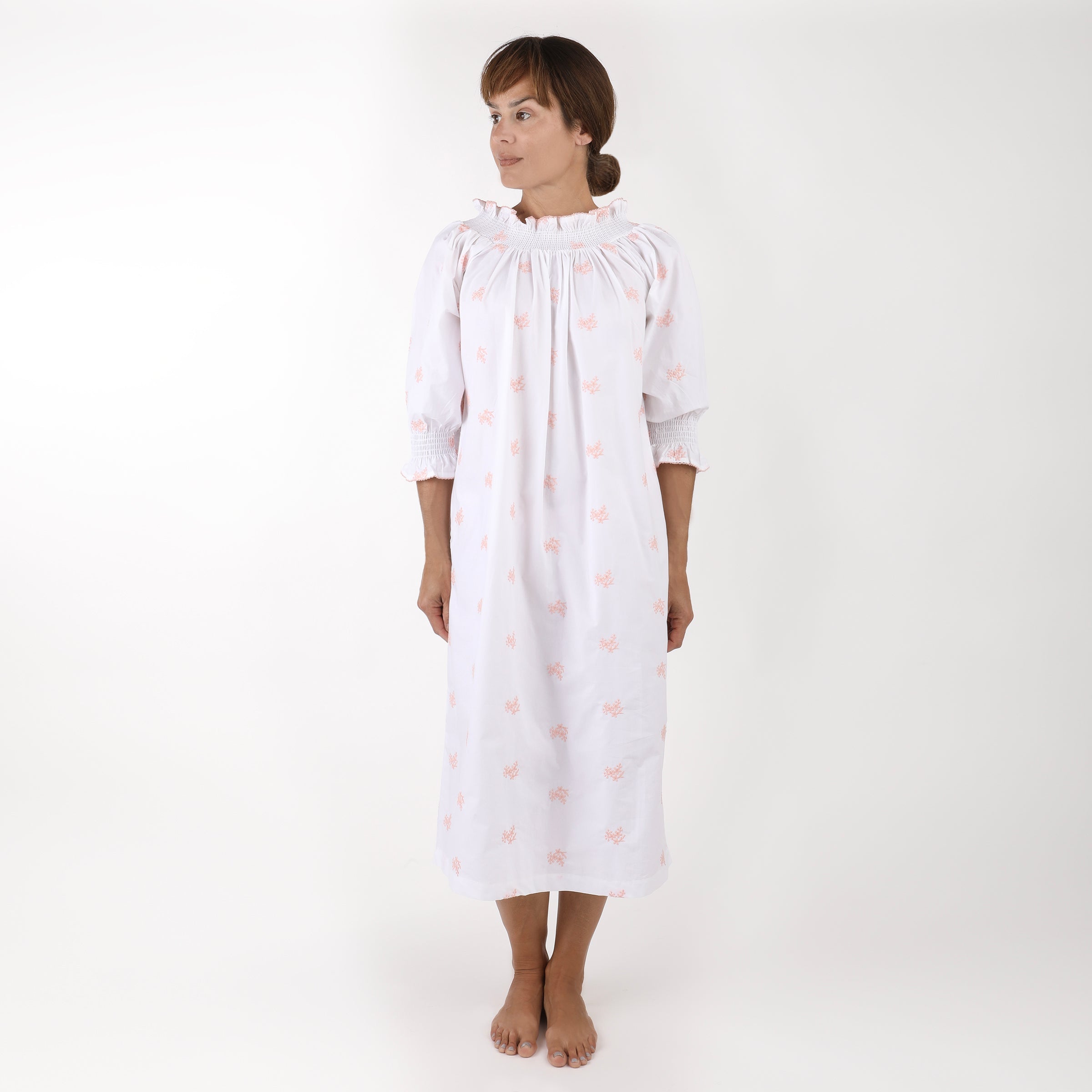 RUCHED COTTON EMBROIDERED LONG SLEEVE NIGHTGOWN