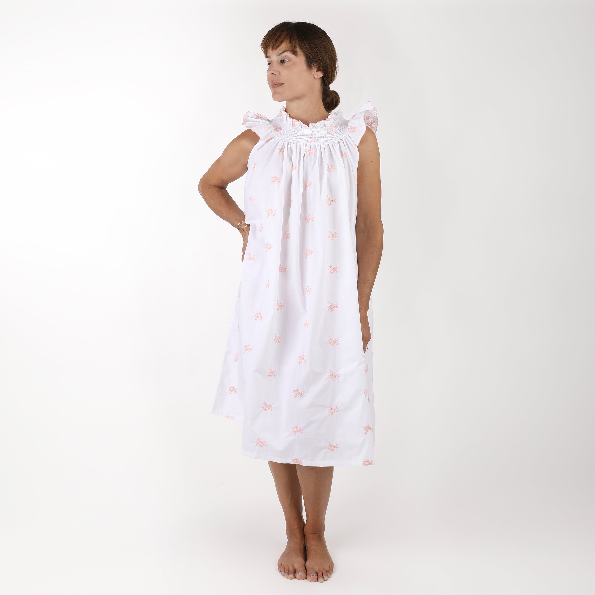 RUCHED COTTON EMBROIDERED NIGHTGOWN