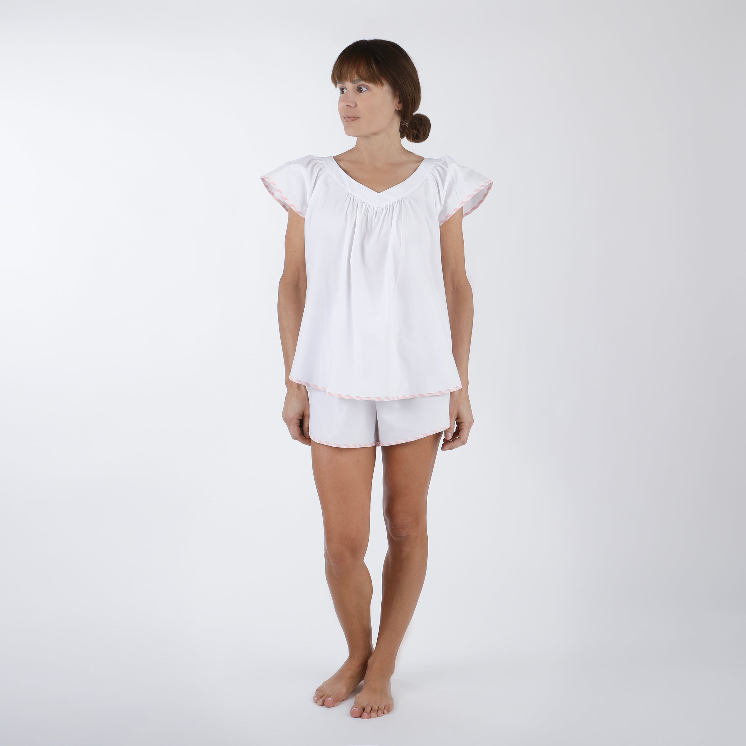SCALLOPED TAPE TRIM COTTON SHORT PAJAMAS