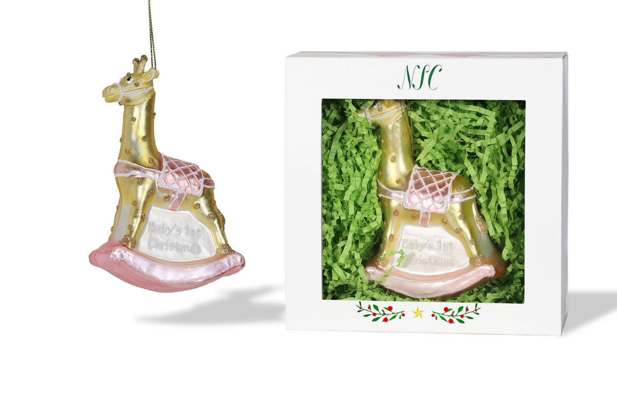 North Star Christmas Baby's First Christmas Giraffe Glass Ornament - Pink - Little Birdies gifts