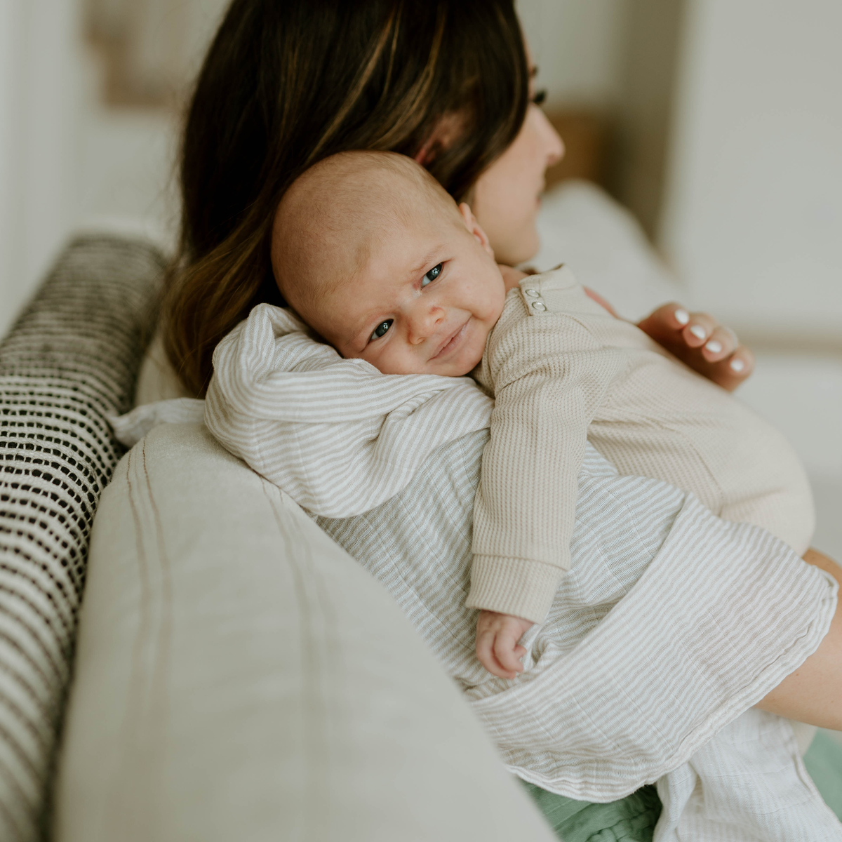 Organic Cotton Muslin Swaddle Blanket - Sand Stripe Little Unicorn Gender Neutral Swaddle Blanket - Little Birdies 