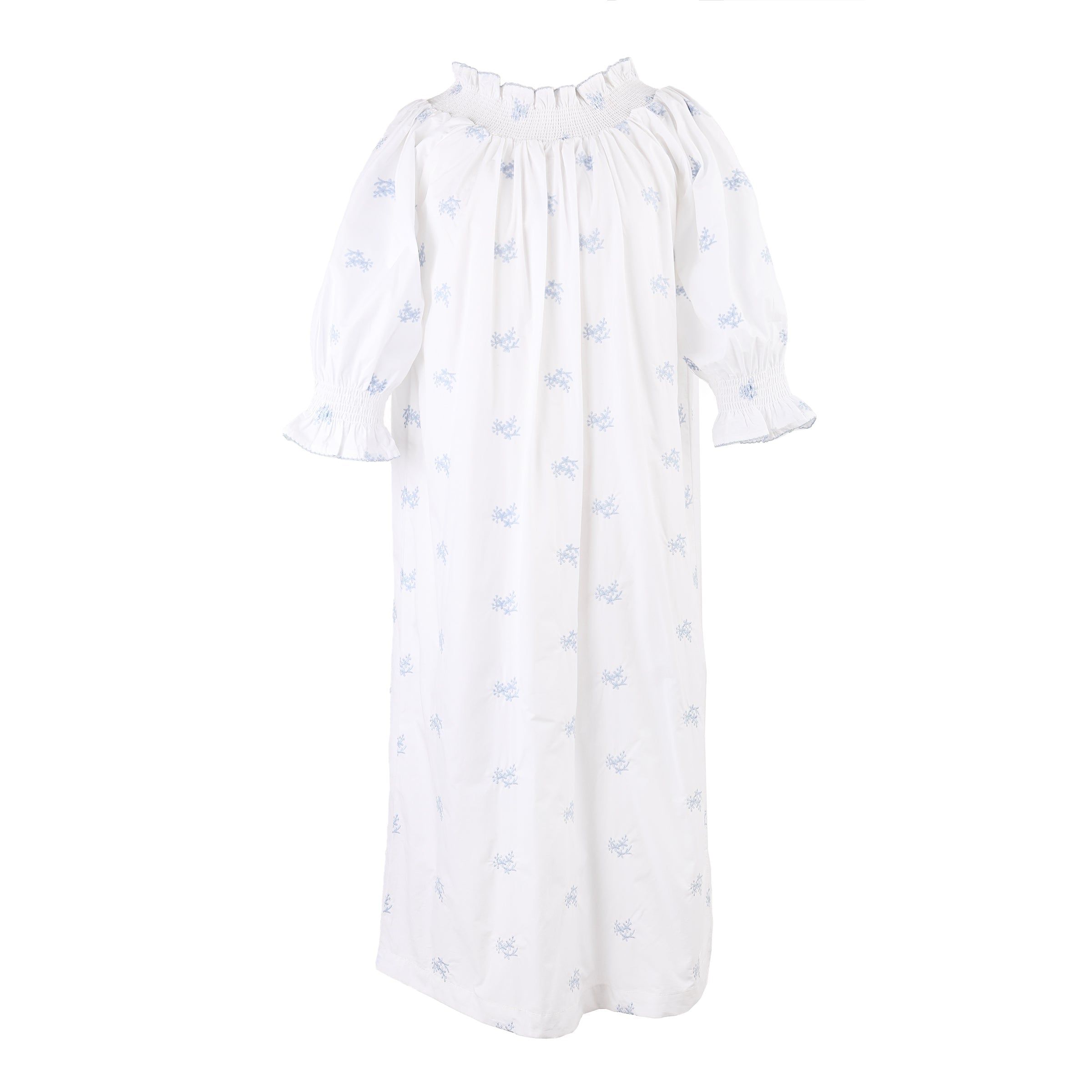 RUCHED COTTON EMBROIDERED LONG SLEEVE NIGHTGOWN