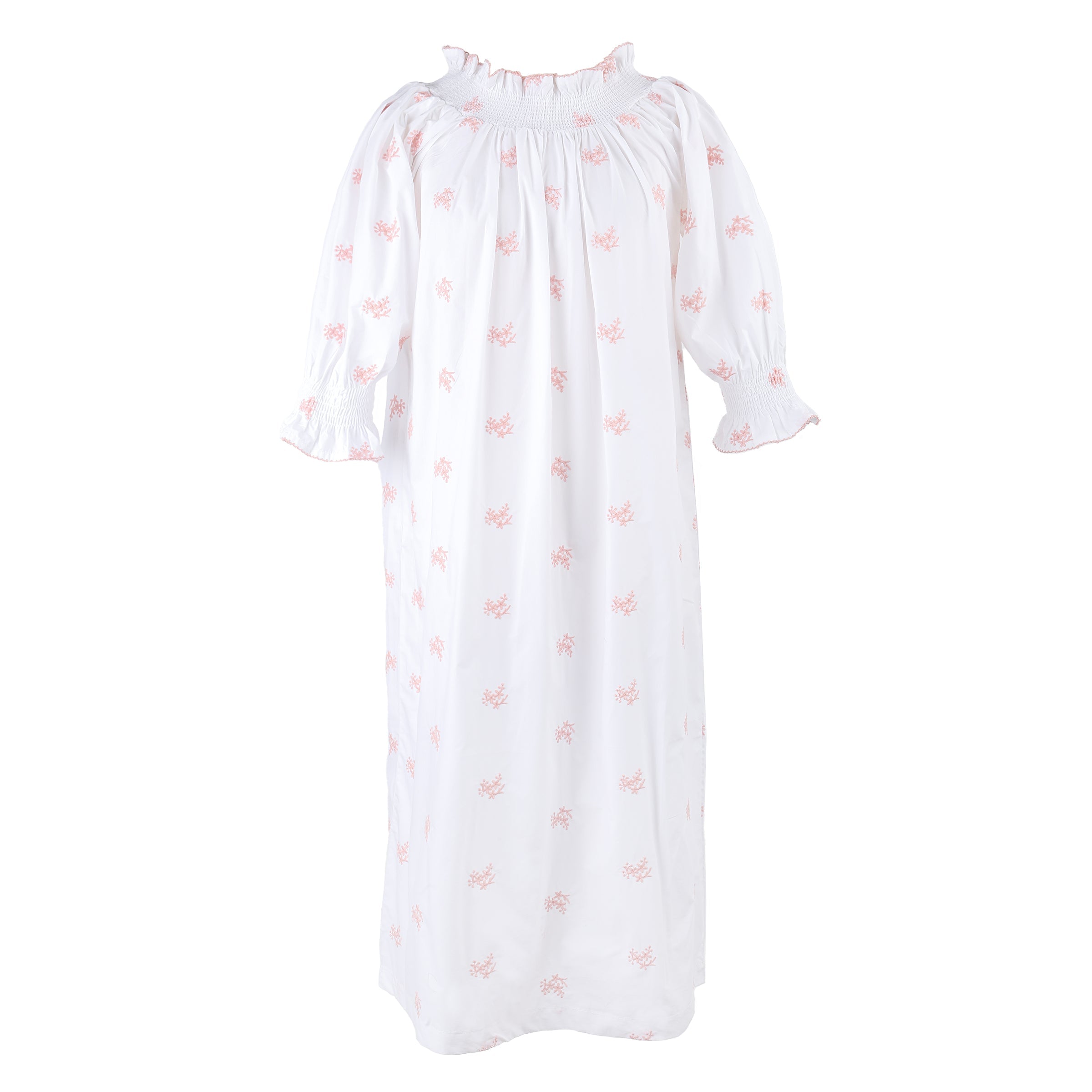 RUCHED COTTON EMBROIDERED LONG SLEEVE NIGHTGOWN