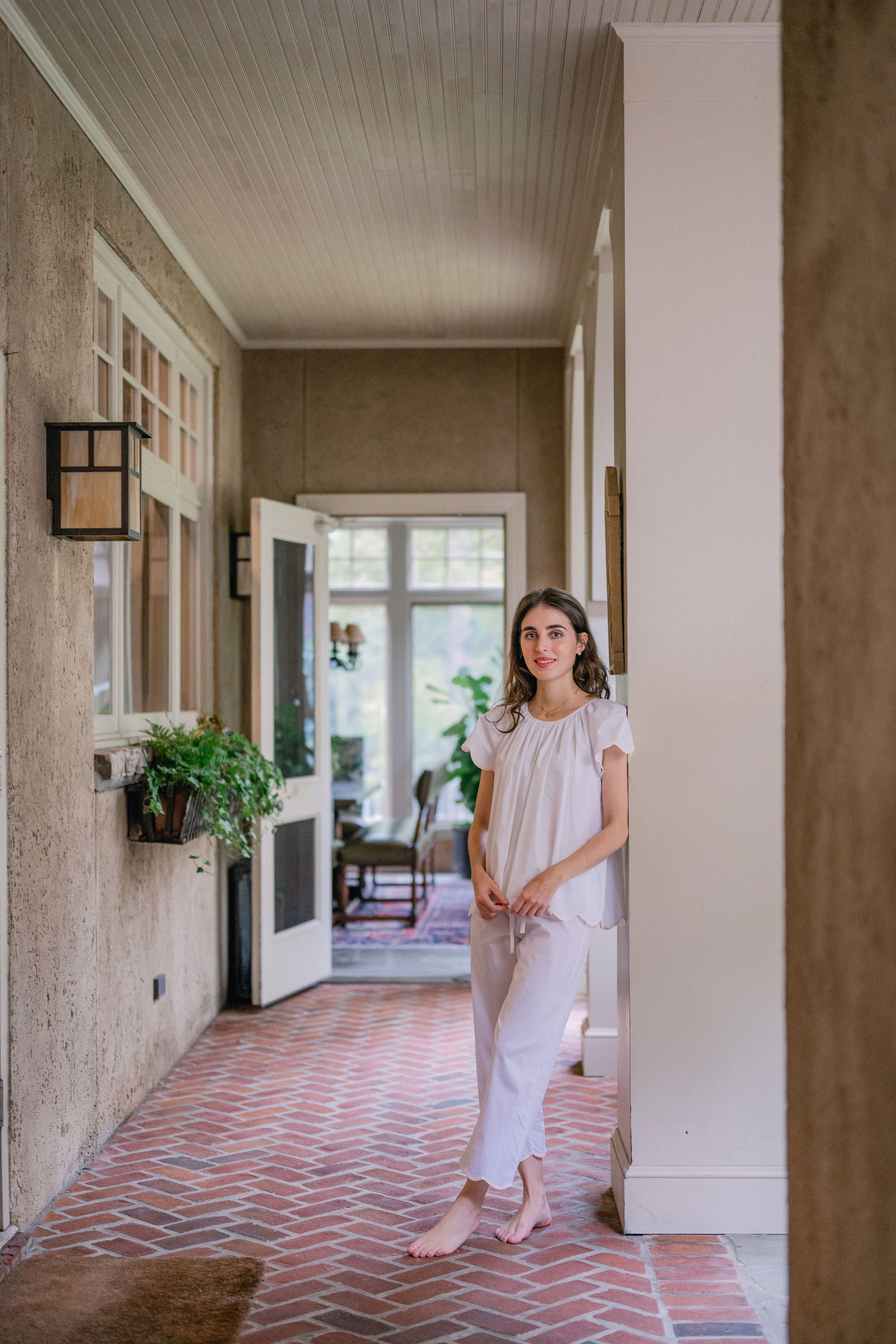 SCALLOPED TAPE TRIM COTTON SHORT SLEEVE PAJAMAS