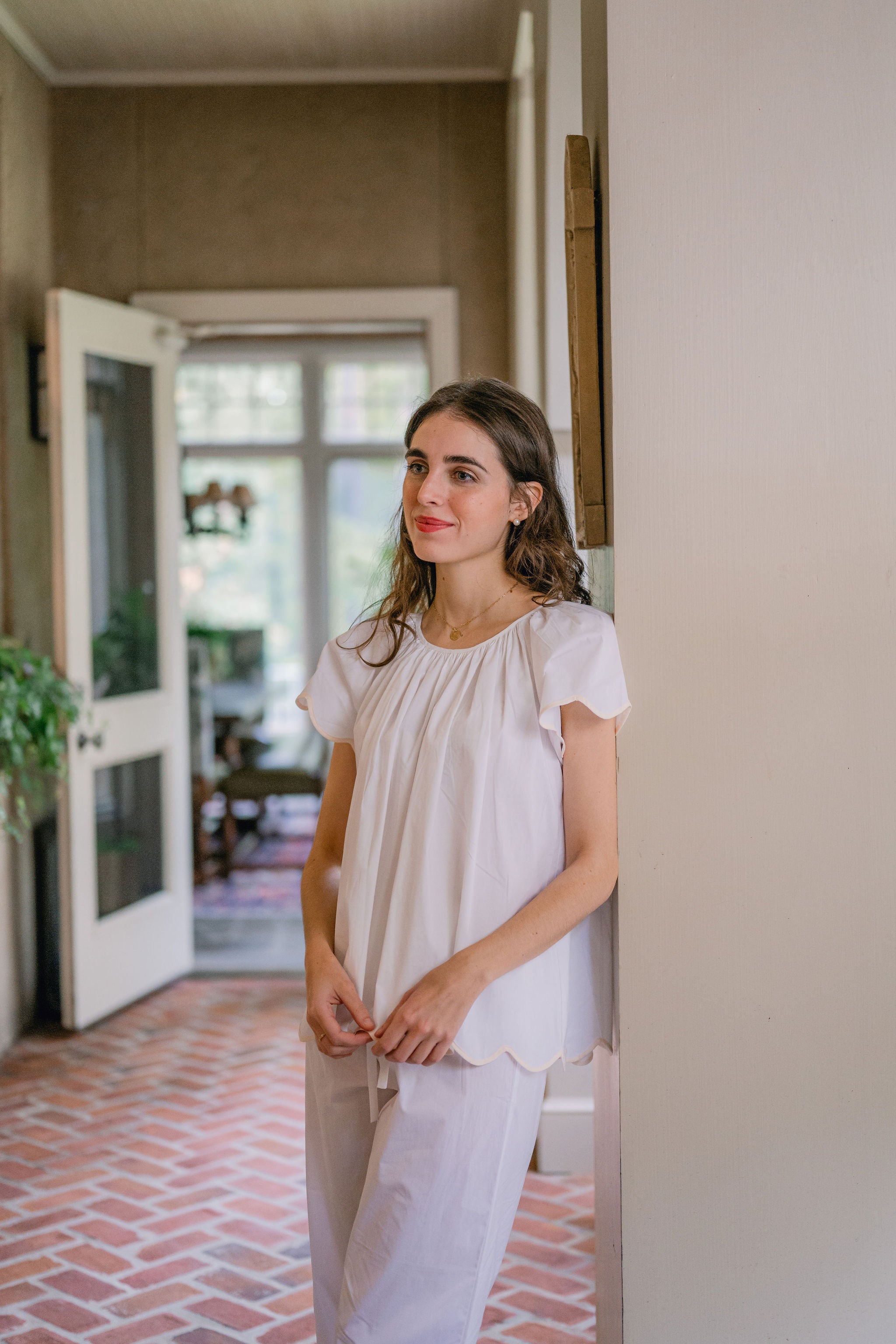 SCALLOPED TAPE TRIM COTTON SHORT SLEEVE PAJAMAS