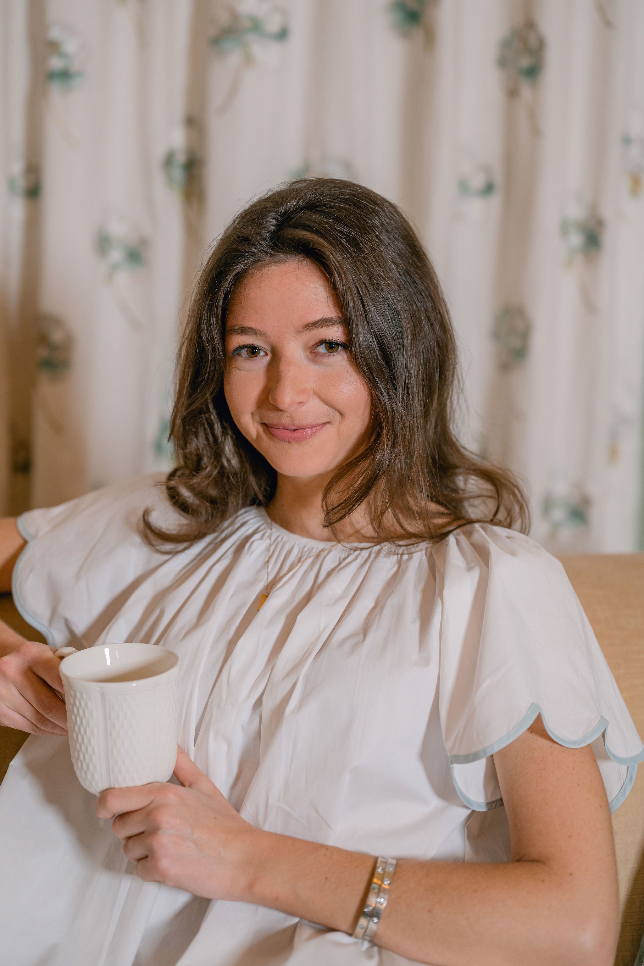 SCALLOPED TAPE TRIM COTTON SHORT SLEEVE PAJAMAS