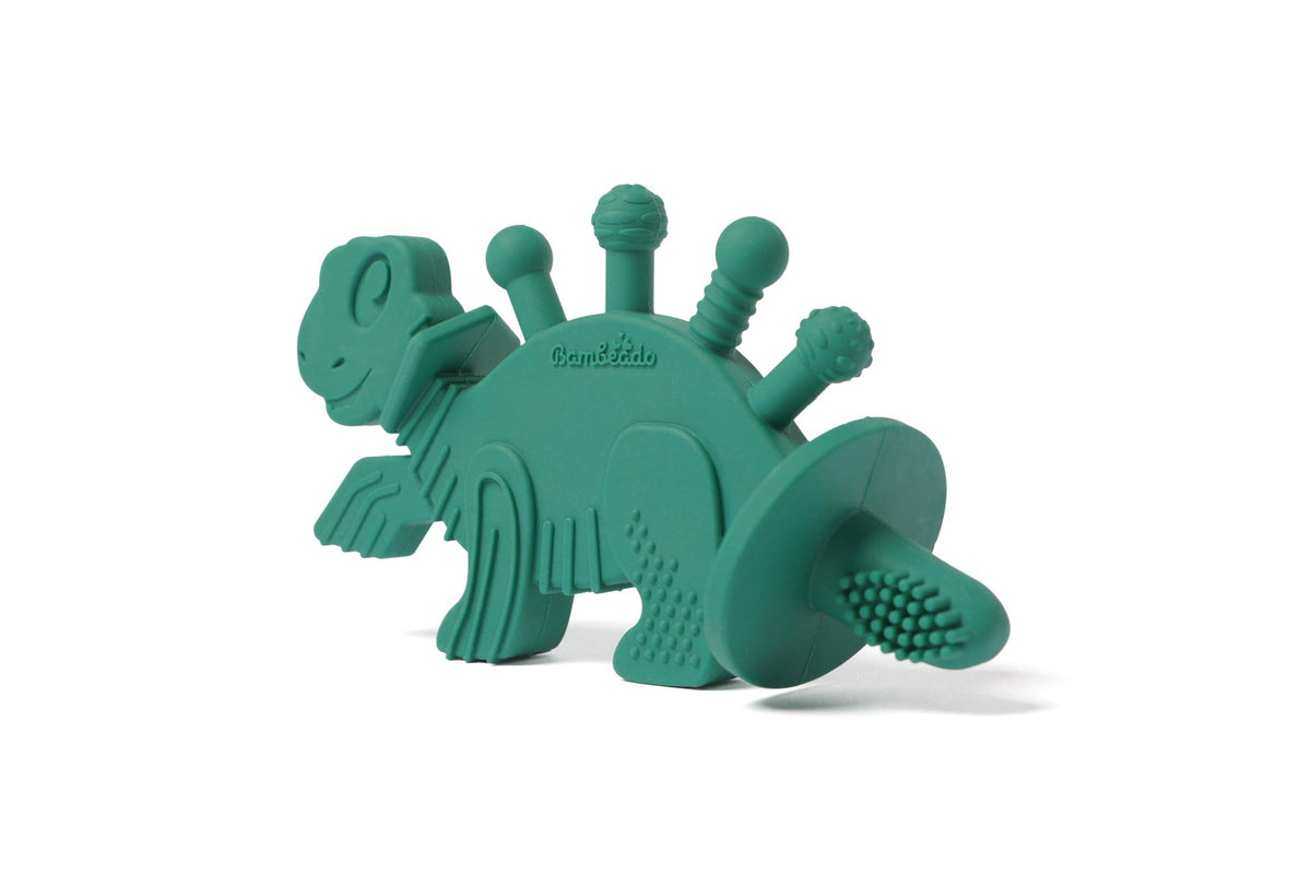 Dibly - Green - Baltic Amber & Natural Rubber Dinosaur Teether with Toothbrush Tail