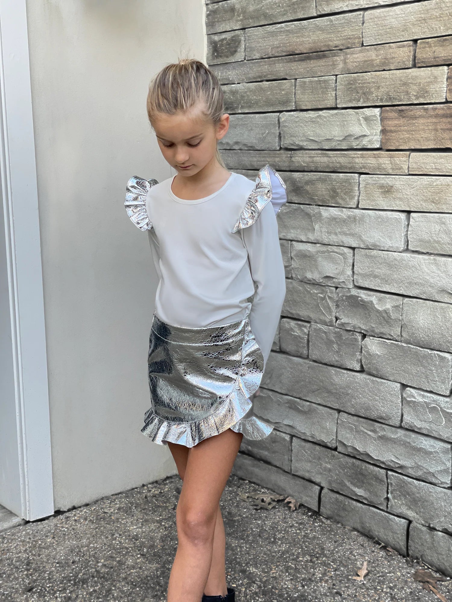 Little Olin Silver Metallic Mini Skirt - Little Birdies