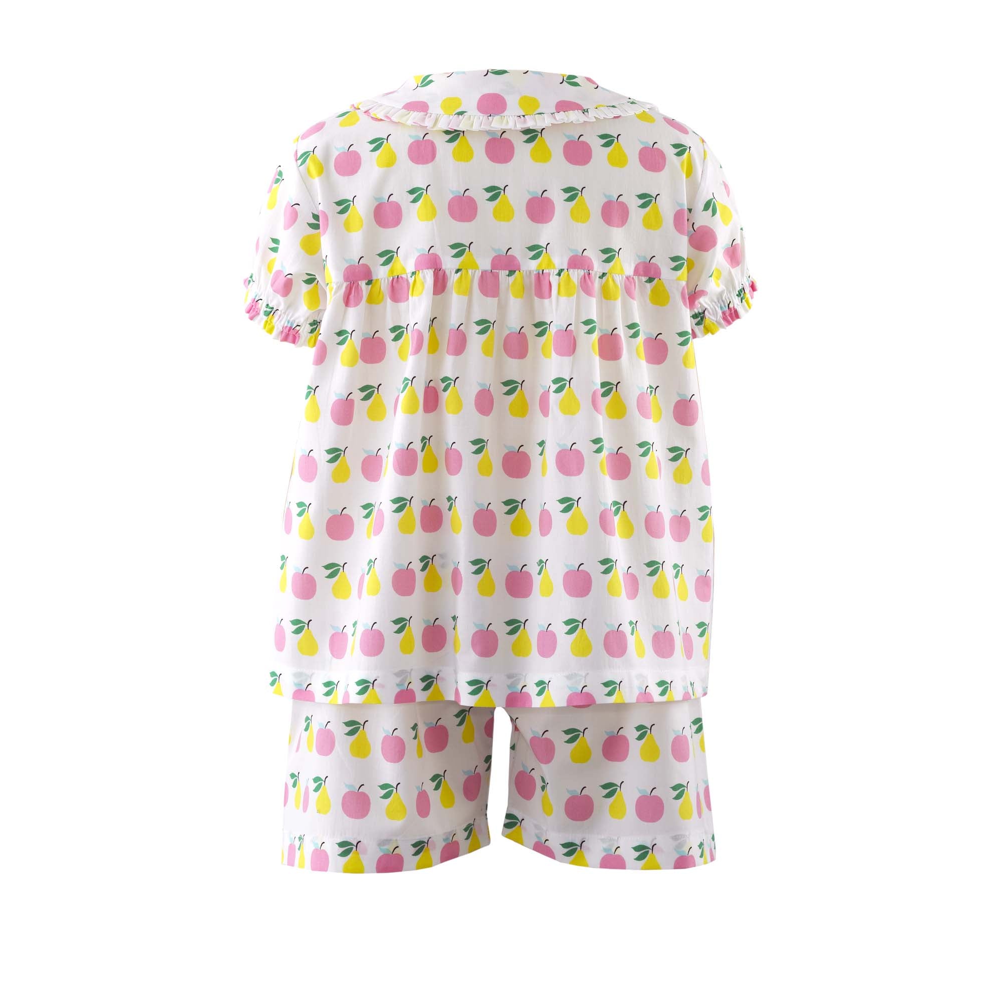 pink and green apple and pear print short set from Rachel Riley