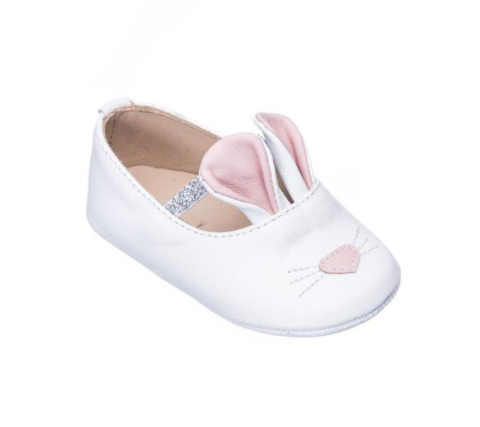 white leather bunny shoes with pink ears by Elephantito Shoes