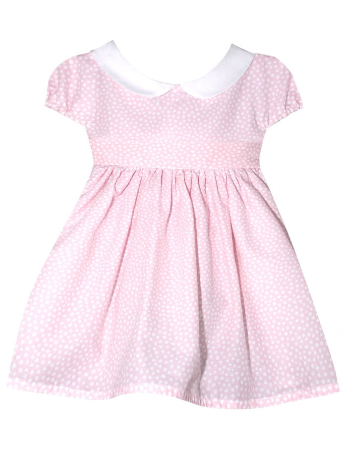 isabebl garreton pink dress with white dots and peter pan collar