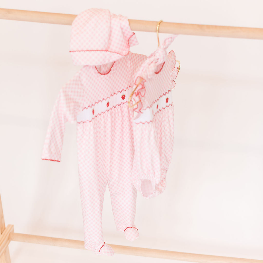 Pink Gingham Strawberry Smocked Footie