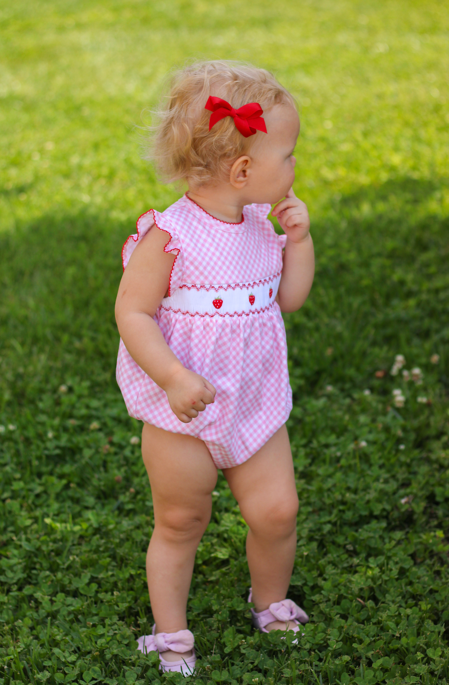 Pink Gingham Strawberry Smocked Bubble