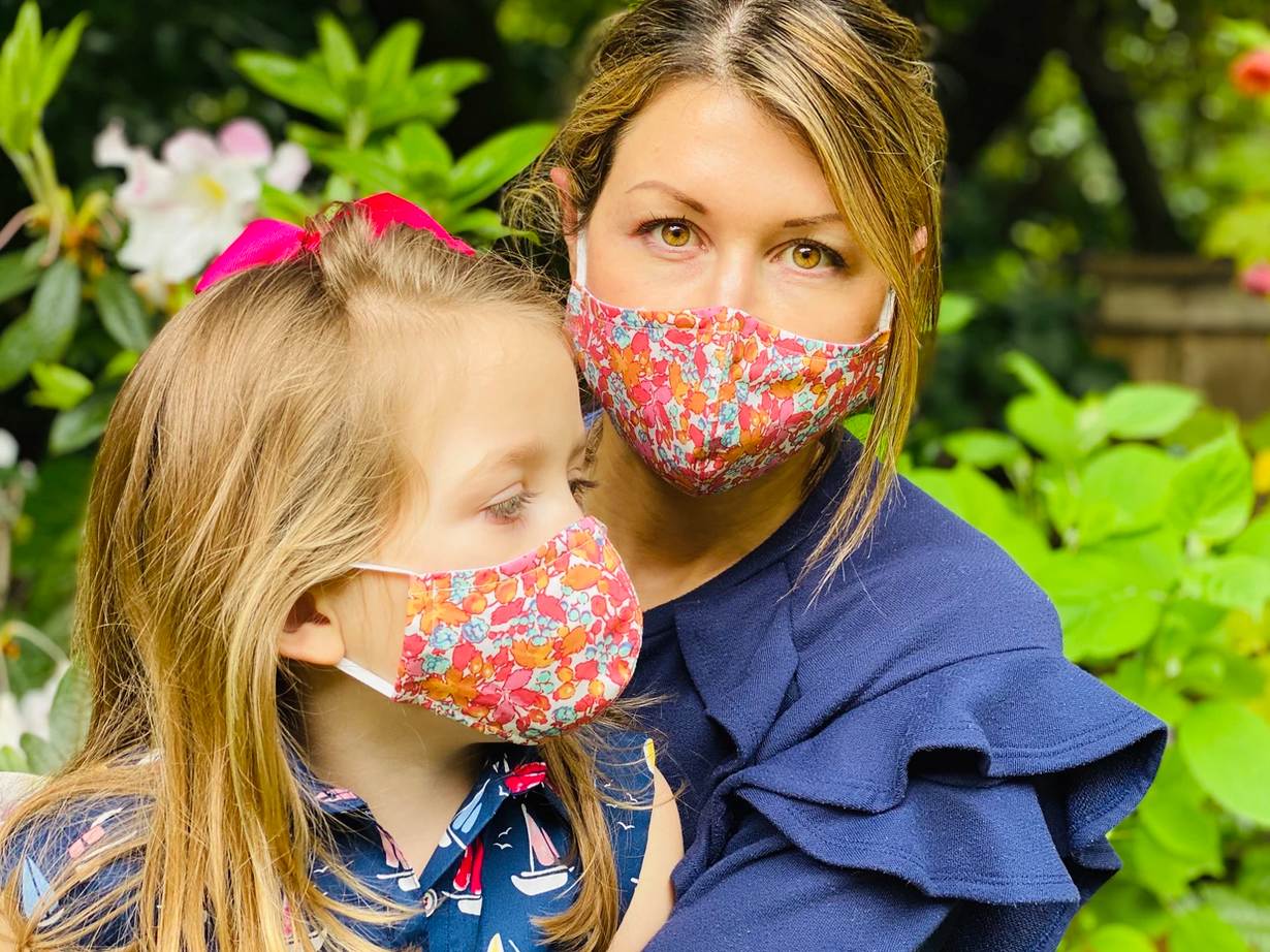 busy bees matching coral floral face mask