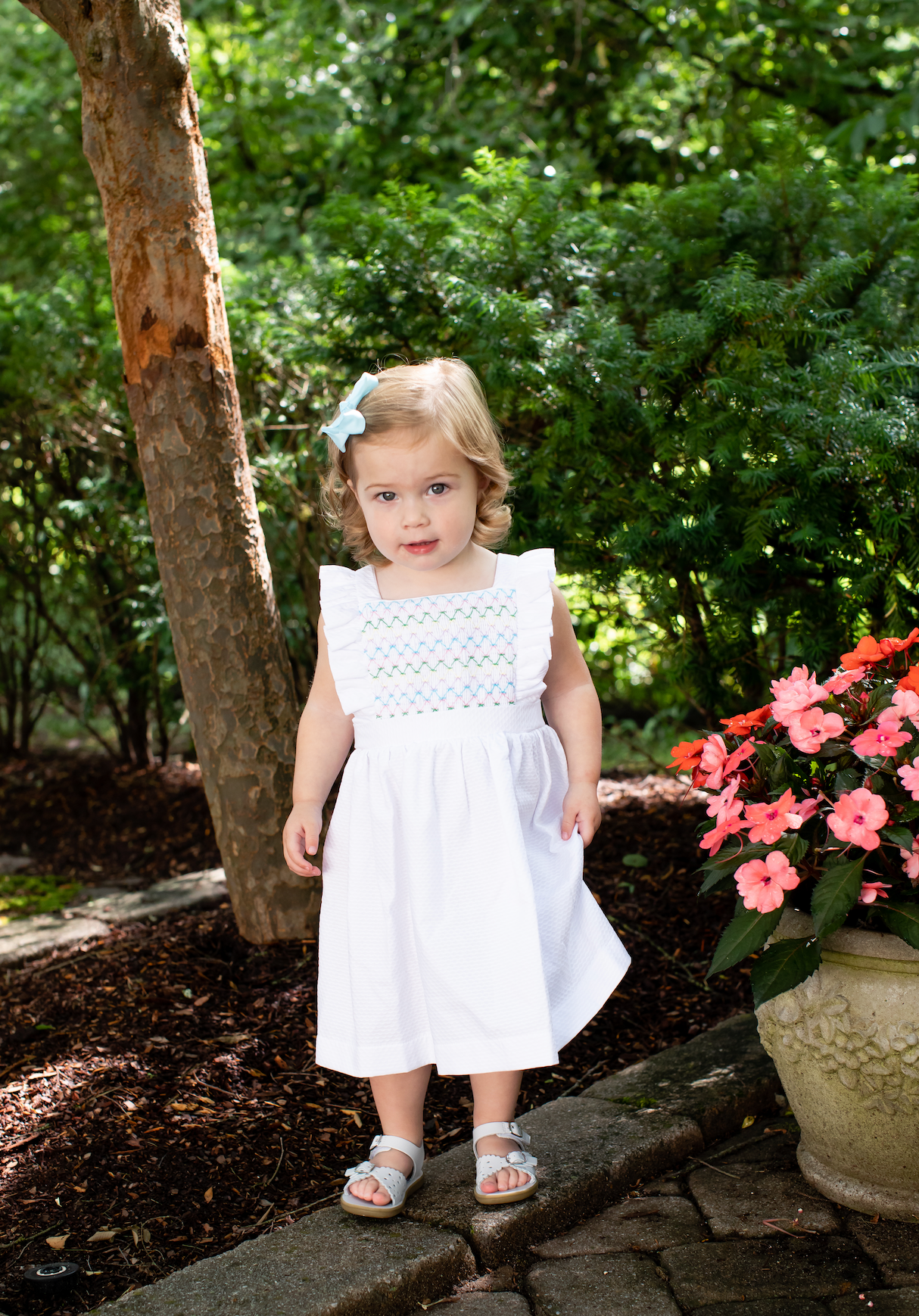 Peggy Green Smocked Edith Dress- White Pique