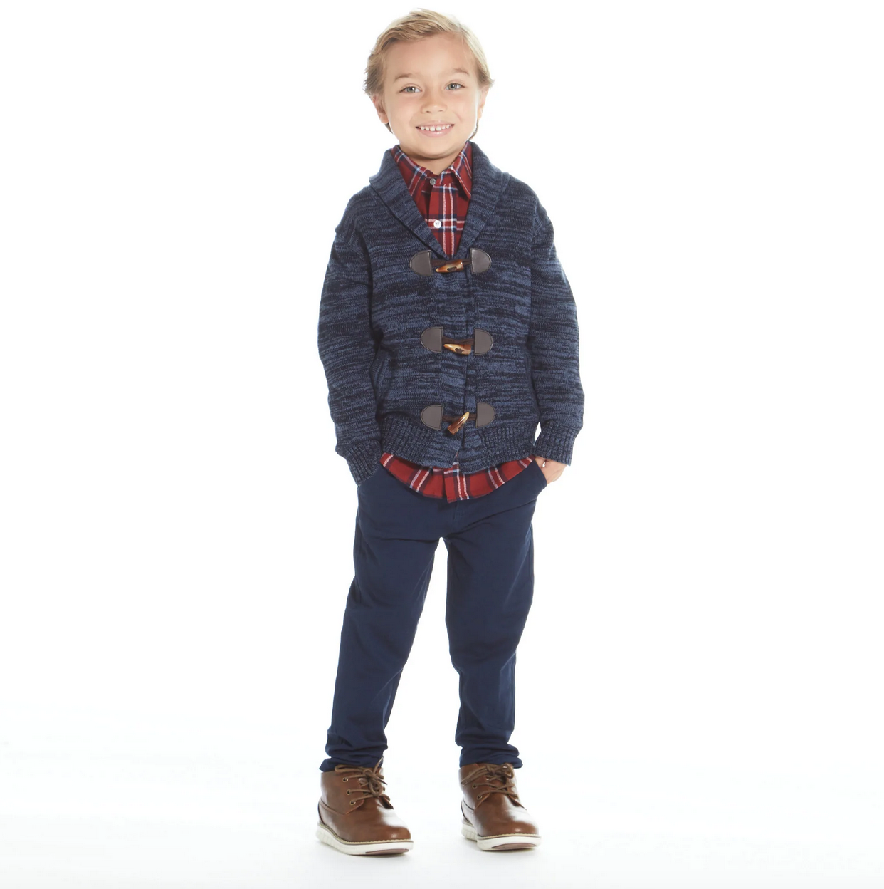 Andy & Evan boys 3-Piece Marbled Navy Toggle Cardigan Sweater Set - little birdies