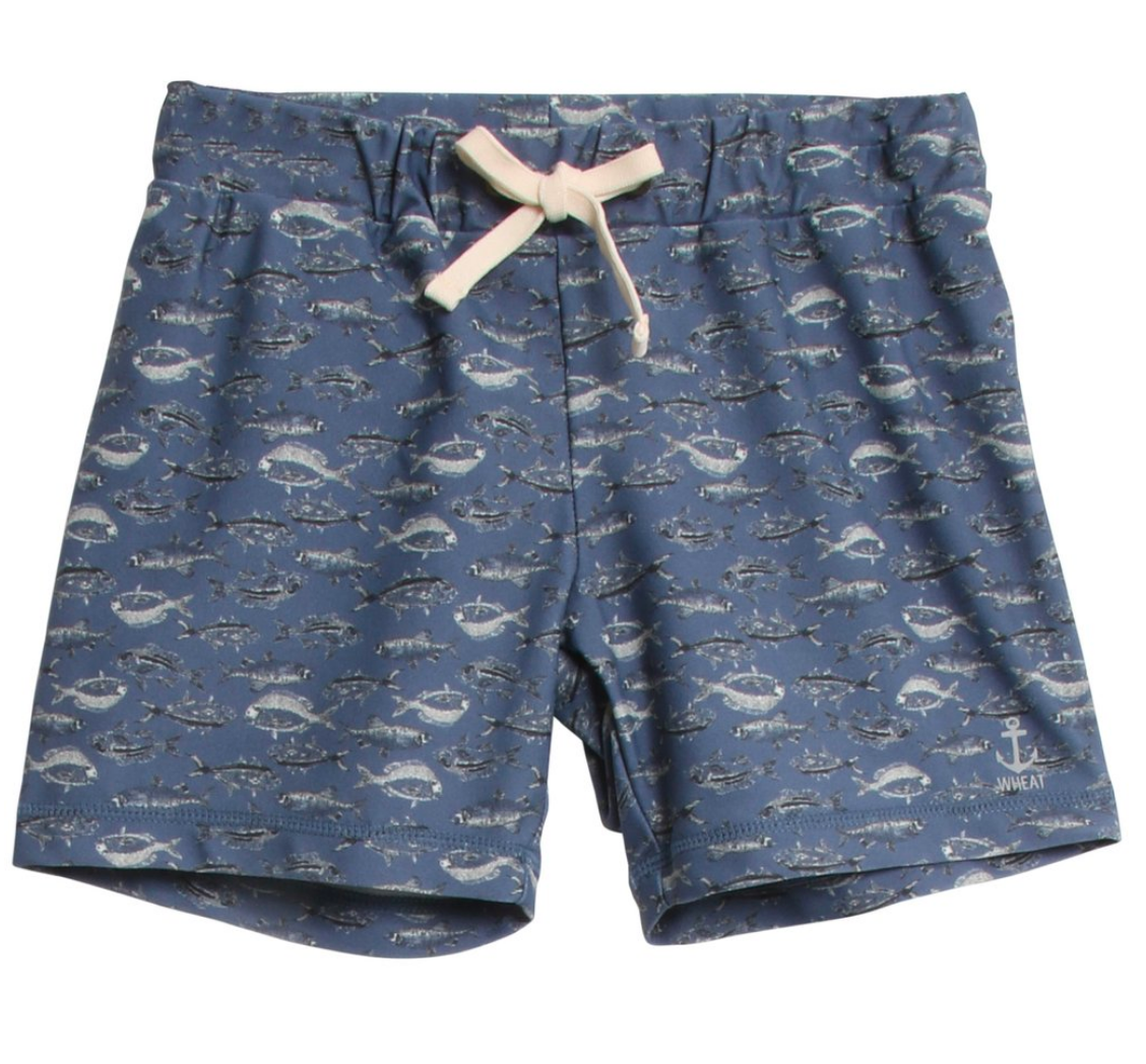 wheat clothing brand eli baby swim shorts in navy with fish print