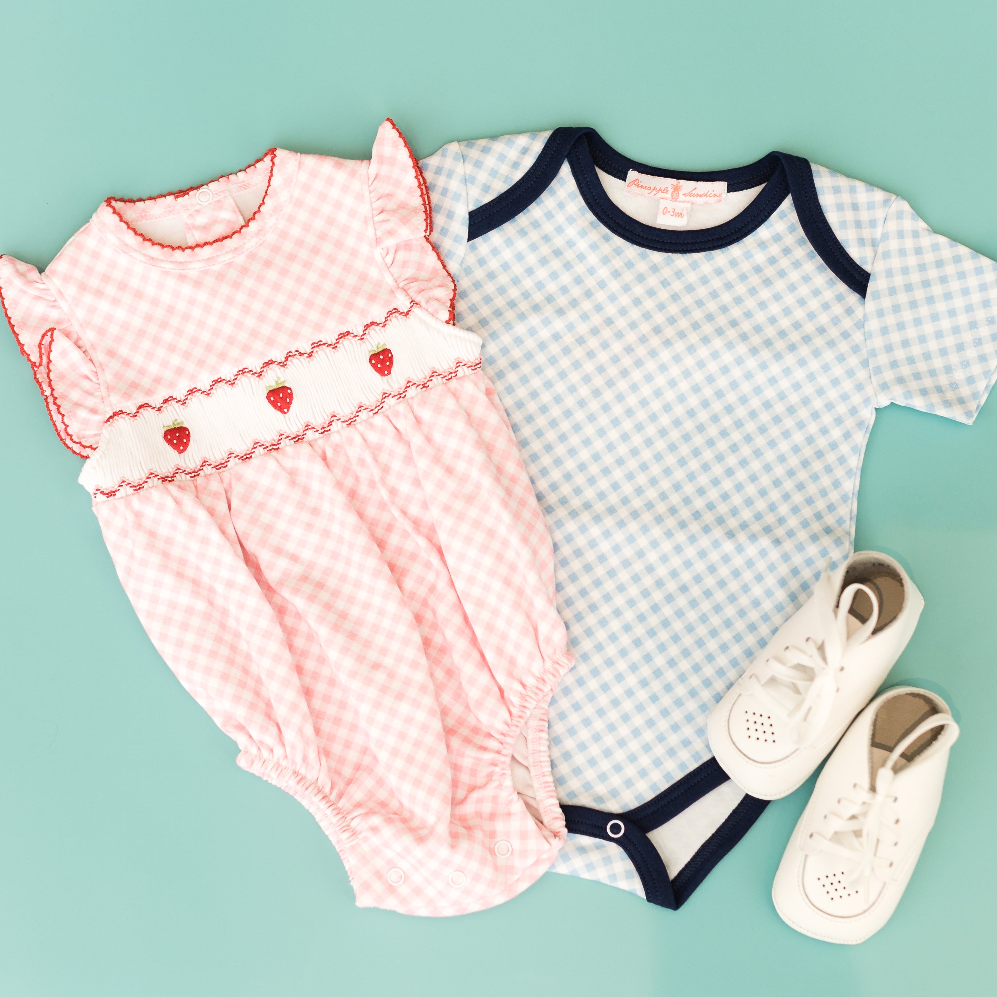 Pink Gingham Strawberry Smocked Bubble