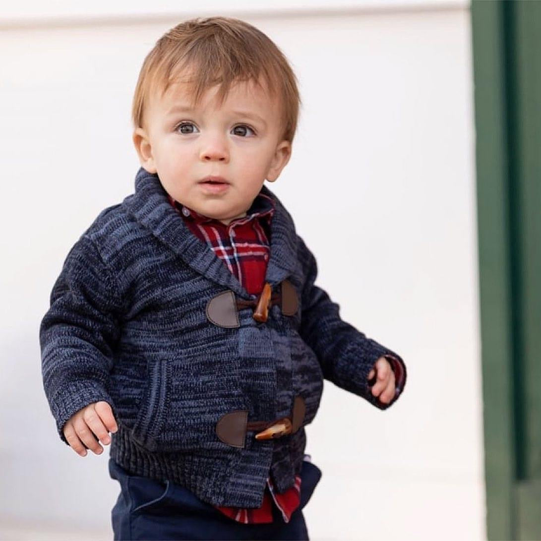 3-Piece Marbled Navy Toggle Cardigan Sweater Set