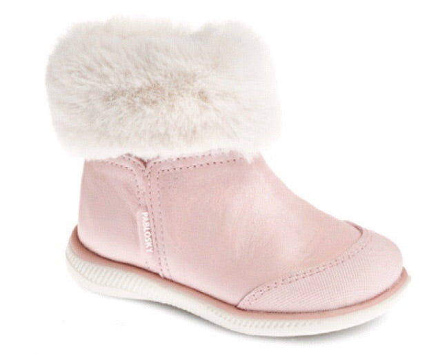 Pink Leather Boot with Faux Fur Trim
